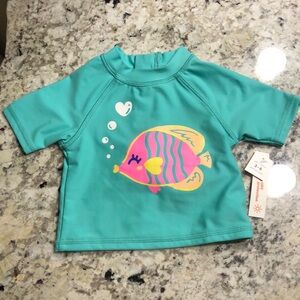 🚨5/$25 Teal Kids Swim Rashguard with Pink & Yellow Fish